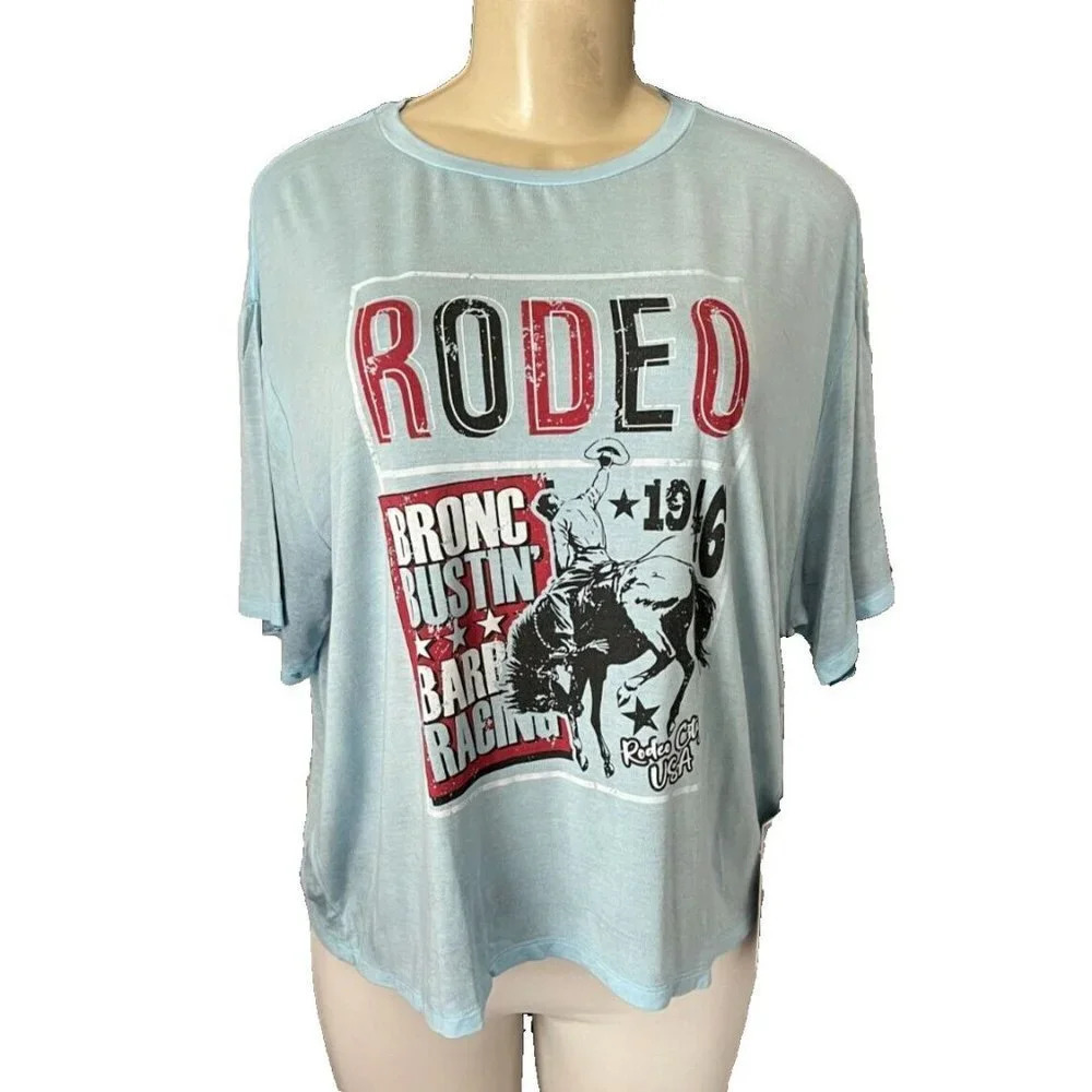 Rock & Roll Cowgirl XL Baby Blue Rodeo Graphic Crew Neck Short Sleeve Crop Tee - Picture 2 of 6